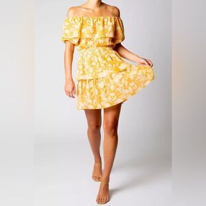 Miguelina Sunny Yellow Floral Off-Shoulder Mini Dress size Small 100% cotton